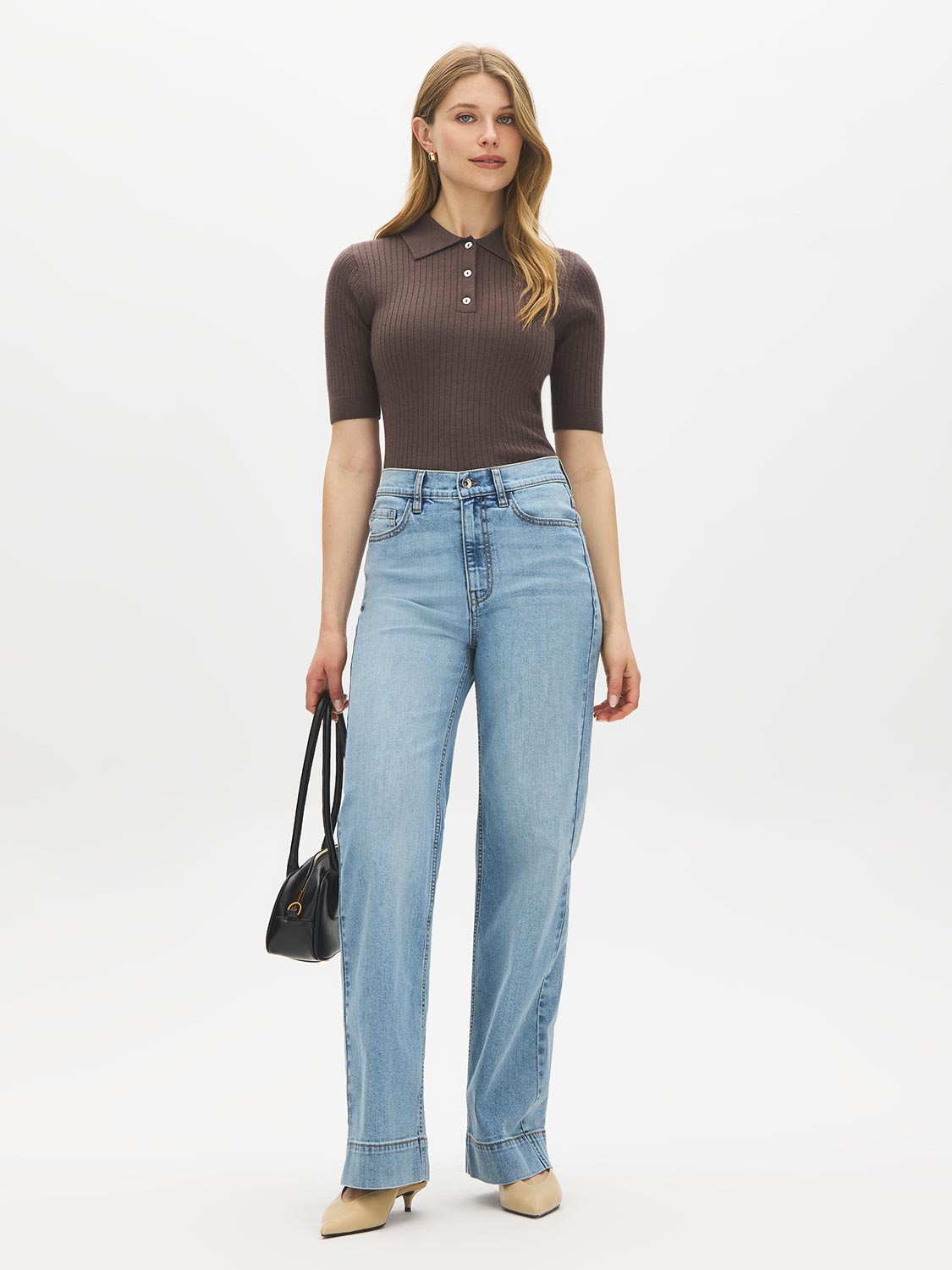 Mocka Mix Ribbed Polo Collar Knit Sweater - Full Body View - Suzy Shier