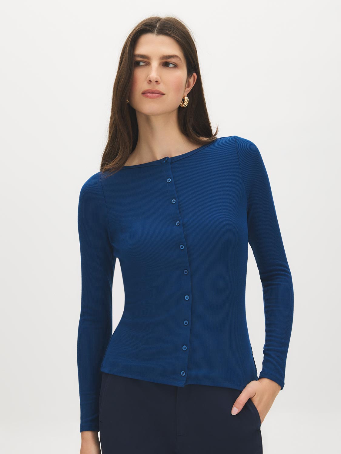 Estate Blue Ribbed Boat Neck Top with Button Front - Woman Wearing Fitted Knit Top - Suzy Shier