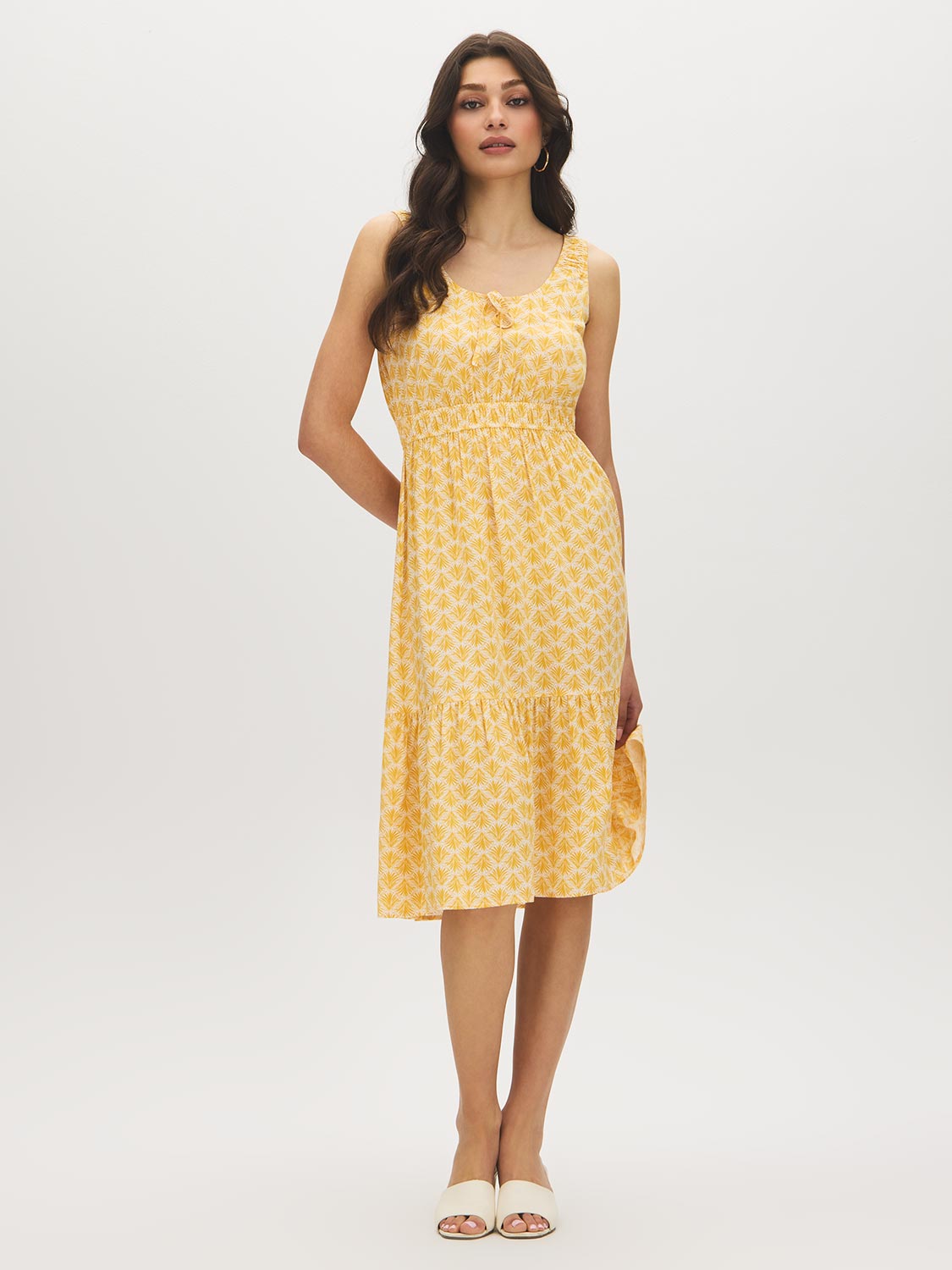Snow White/Yolk Yellow Print Elastic Strap Scoop Neck Dress - Woman Wearing Soft Fabric Dress - Suzy Shier