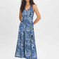 Dark Sapphire Paisley Print Halter Dress - Woman Wearing Halter Dress with Front Slit - Suzy Shier