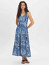 Dark Sapphire Paisley Print Halter Dress - Woman Wearing Halter Dress with Front Slit - Suzy Shier