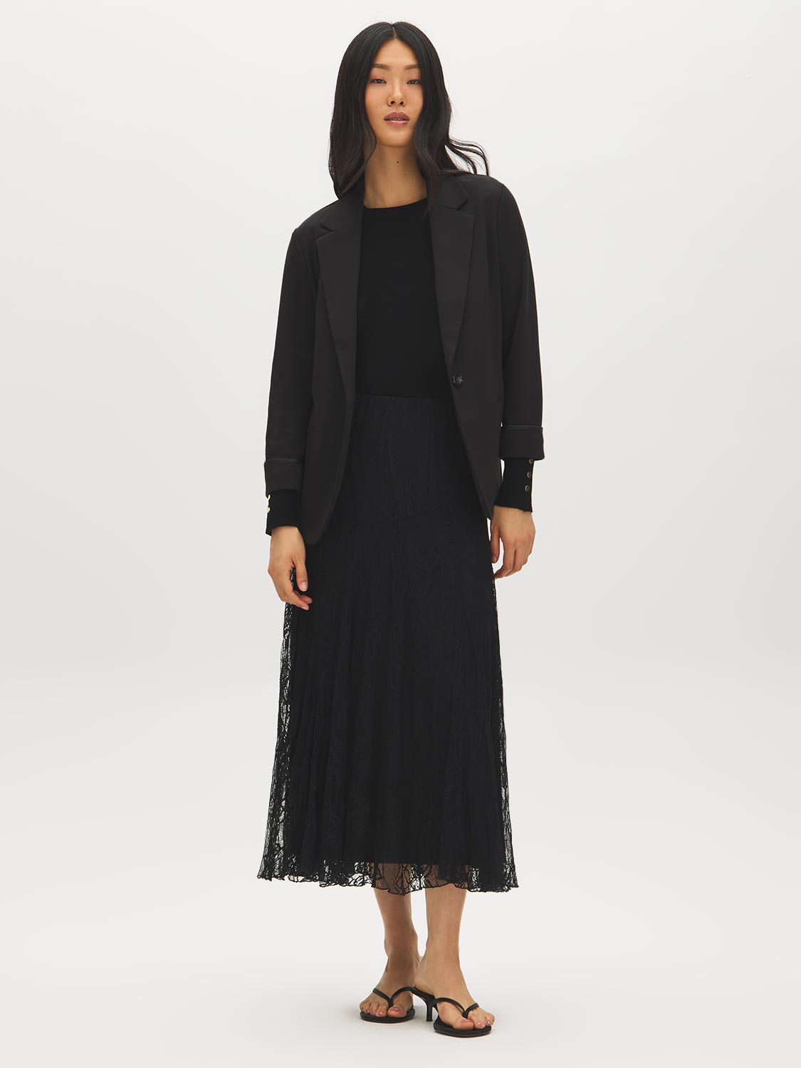 Black Lace Skirt with Diagonal Drop Waist - Woman Wearing Lace Midi Skirt - Suzy Shier