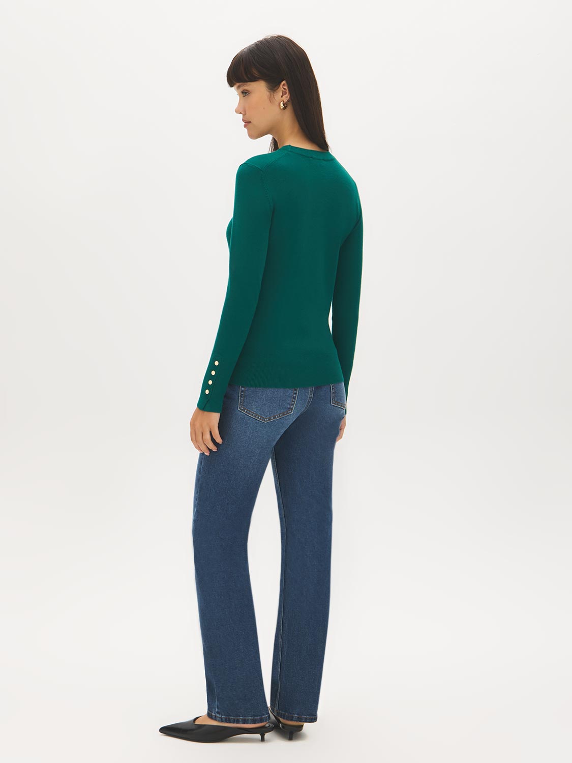 Dk Green Snap Button Sleeve Knit Sweater - Woman Wearing Crew Neck Sweater with Sleeve Detail - Suzy Shier