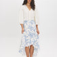 Blue Floral Hi-Low Ruffle Front Midi Skirt - Woman Wearing Textured Slub Midi Skirt - Suzy Shier