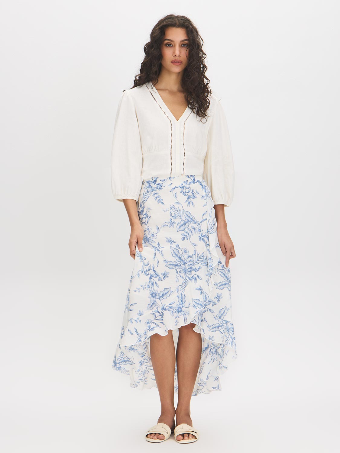 Blue Floral Hi-Low Ruffle Front Midi Skirt - Woman Wearing Textured Slub Midi Skirt - Suzy Shier