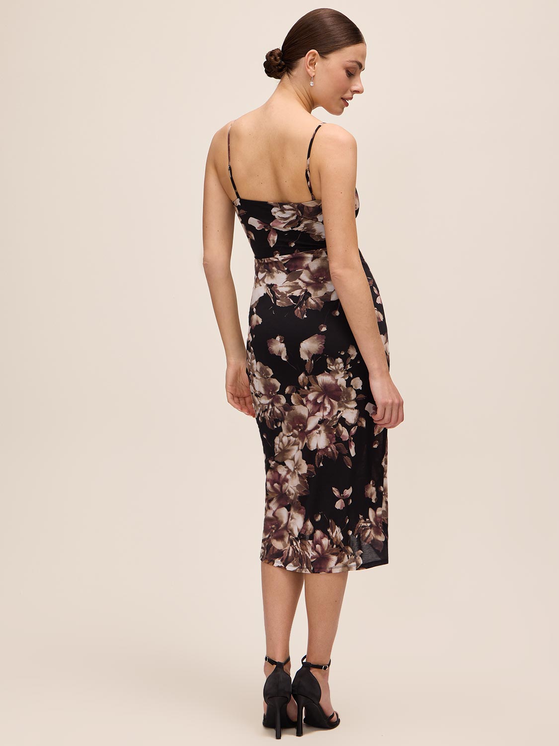 Mocha/Bordeaux Floral Midi Cocktail Dress with Cowl Neck - Back View - Le Chateau