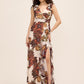 Antique Cream/Rust Printed Chiffon Crossover Neckline Gown - Woman Wearing Full-Length Ruffle Dress - Le Chateau