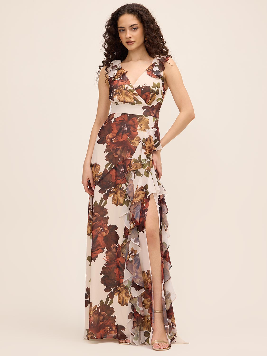 Antique Cream/Rust Printed Chiffon Crossover Neckline Gown - Woman Wearing Full-Length Ruffle Dress - Le Chateau