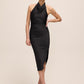 Black Draped Halter Neck Midi Dress - Woman Wearing Elegant Evening Dress with Side Slit - Le Chateau