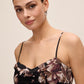 Mocha/Bordeaux Floral Midi Cocktail Dress with Cowl Neck - Close-up Cowl Neck Detail - Le Chateau