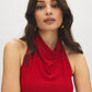 Jester Red Cowl Neck Halter Knit Top - Woman Wearing High Cowl Neck Top - Suzy Shier