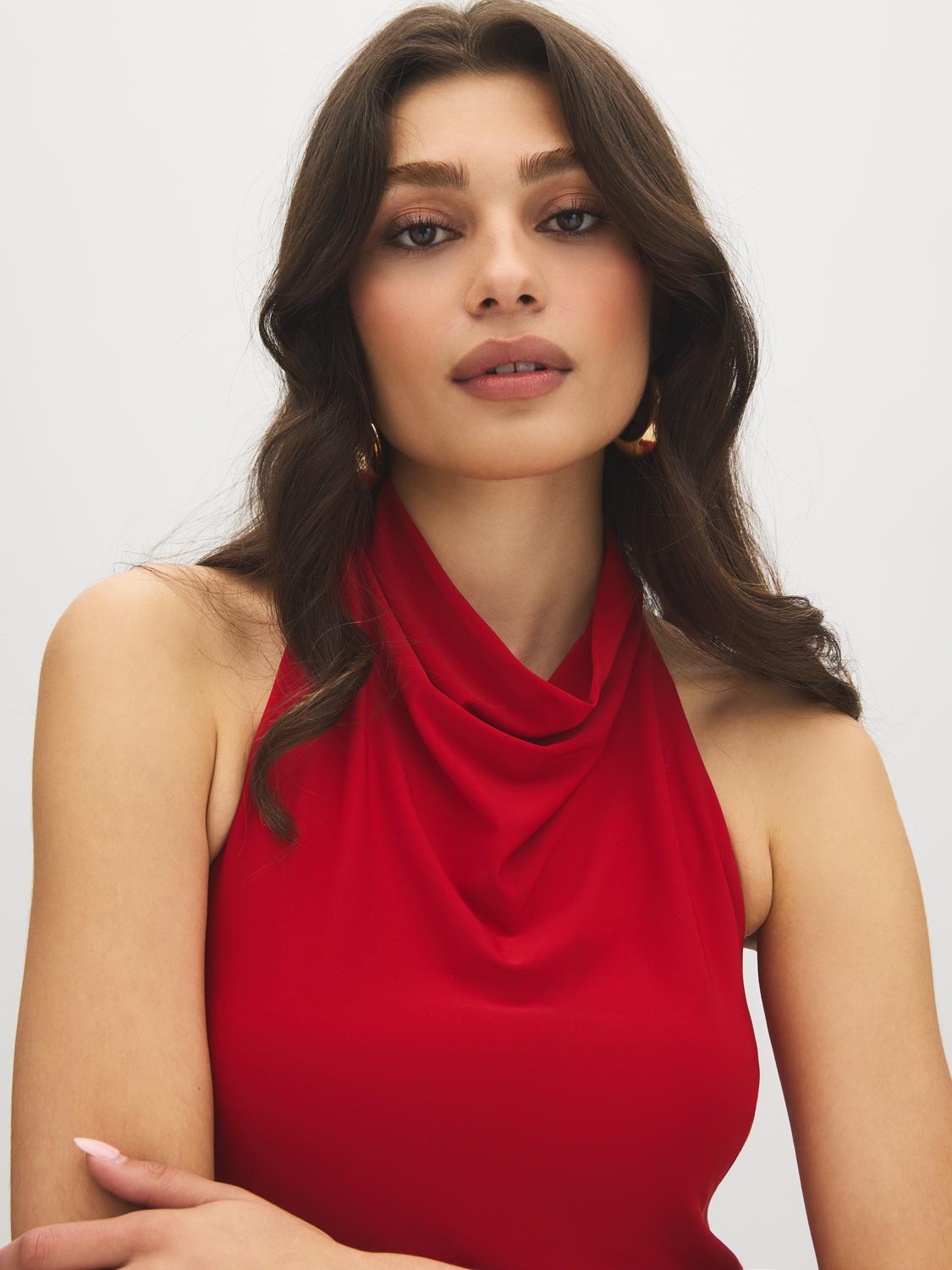 Jester Red Cowl Neck Halter Knit Top - Woman Wearing High Cowl Neck Top - Suzy Shier