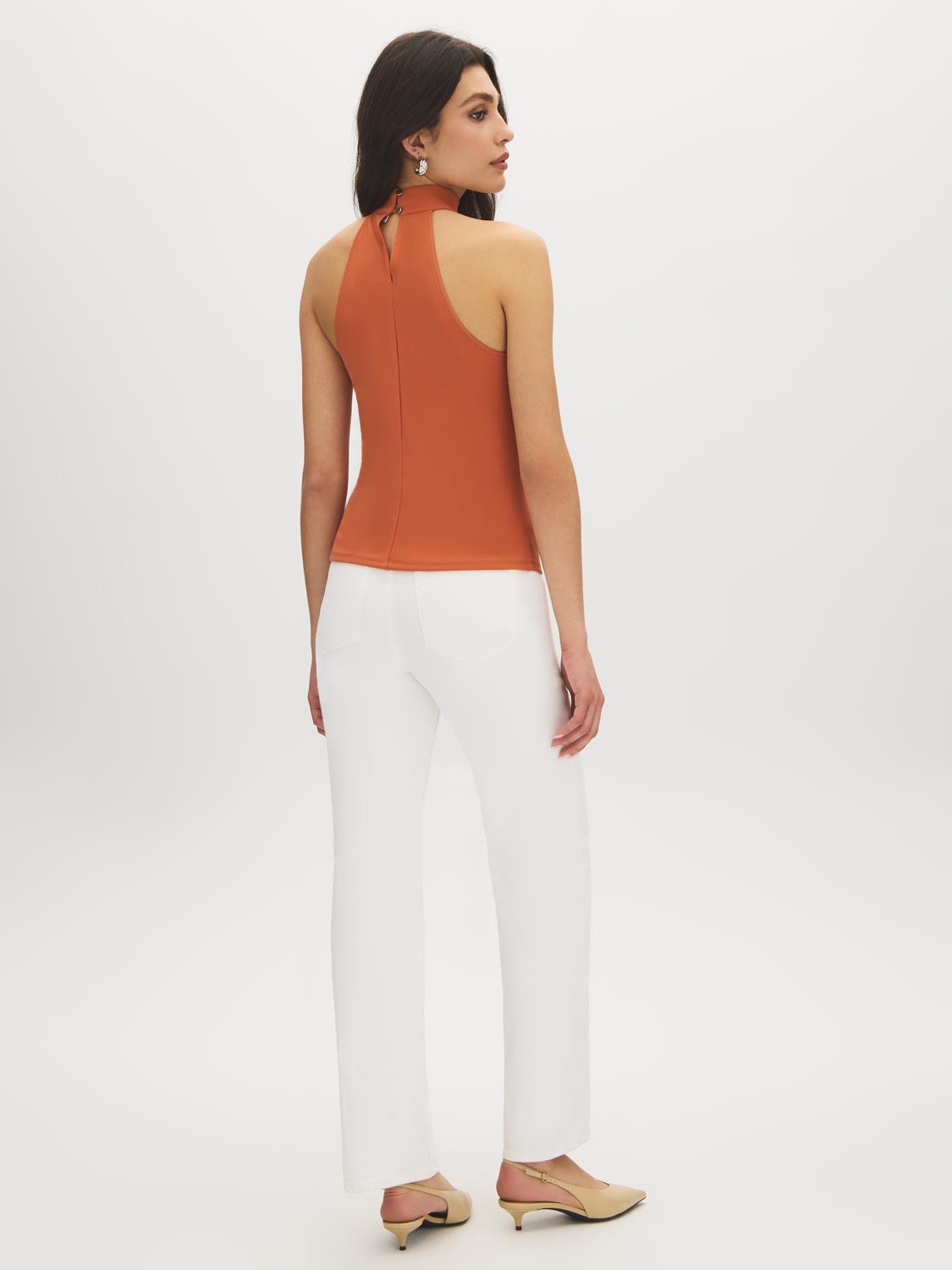 Autumn Leaf Sleeveless Halter Mock Neck Top - Back View - Suzy Shier