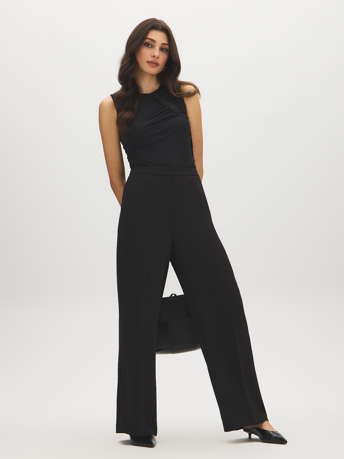 Jet Black Sleeveless Double Layer Top with Mesh Inserts - Woman Wearing Crew Neck Top - Suzy Shier