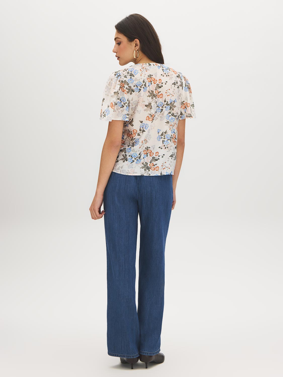 Winter White Floral Print Blouse with Smocked Shoulders - Back View - Suzy Shier
