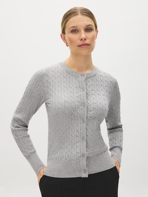 Lunar Melange Cable Knit Button-Front Cardigan - Woman Wearing Classic Knit Sweater - Suzy Shier