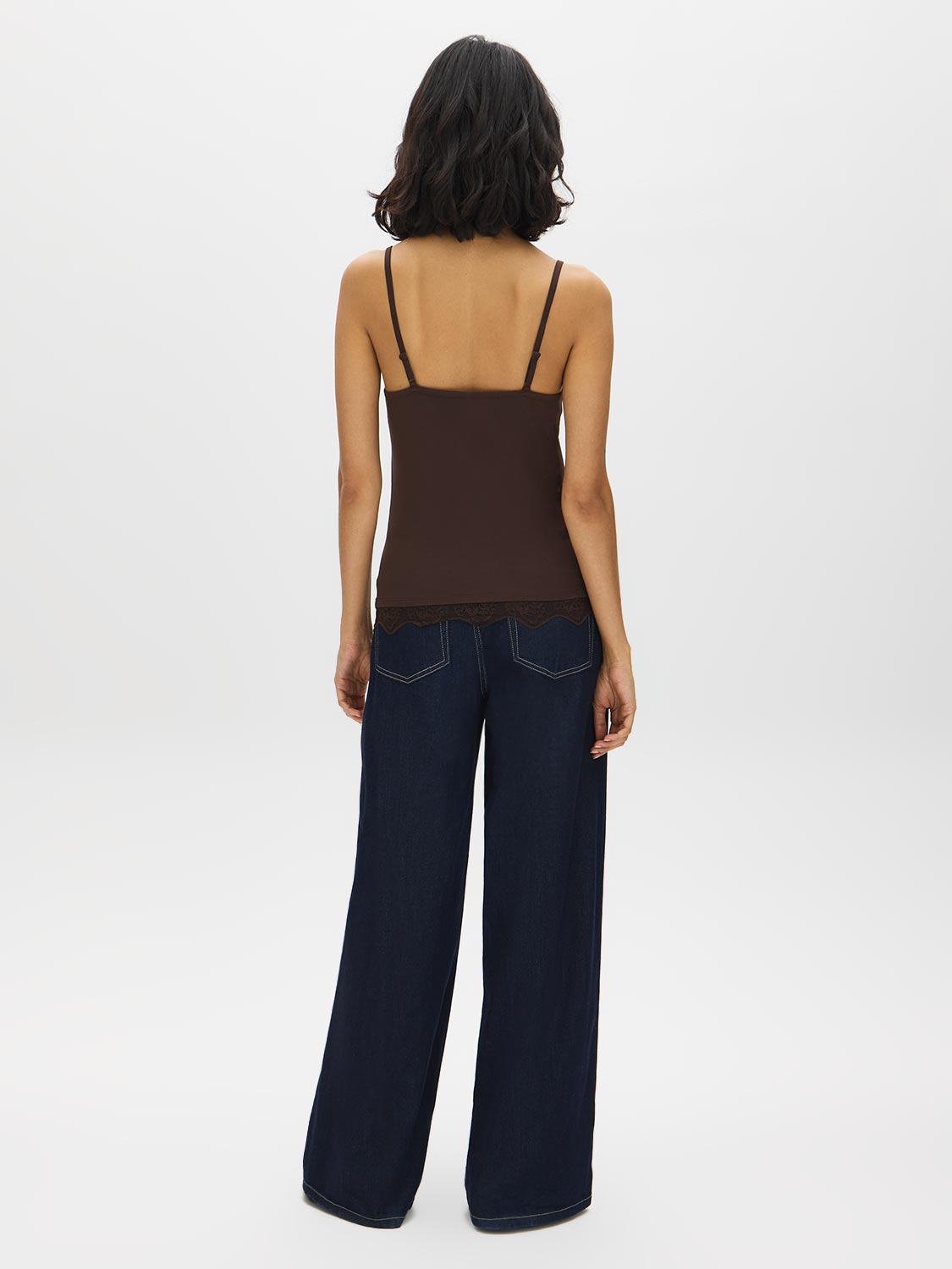 Charcoal Melange Spaghetti Strap Knit Tank with Lace Trim - Back View - Suzy Shier