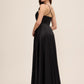 Black Satin Bustier Gown with Leg Opening - Woman Wearing Formal Evening Dress - Le Chateau