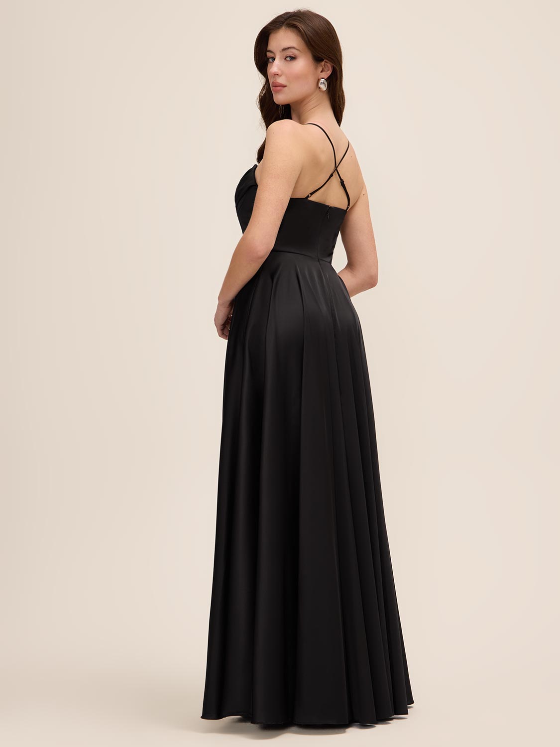 Black Satin Bustier Gown with Leg Opening - Woman Wearing Formal Evening Dress - Le Chateau