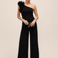 Black One-Shoulder Jumpsuit with Chiffon Ruffle Detail - Woman Wearing Wide-Leg Evening Jumpsuit - Le Chateau