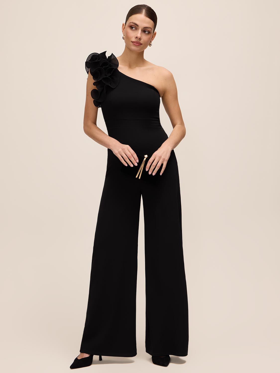 Black One-Shoulder Jumpsuit with Chiffon Ruffle Detail - Woman Wearing Wide-Leg Evening Jumpsuit - Le Chateau
