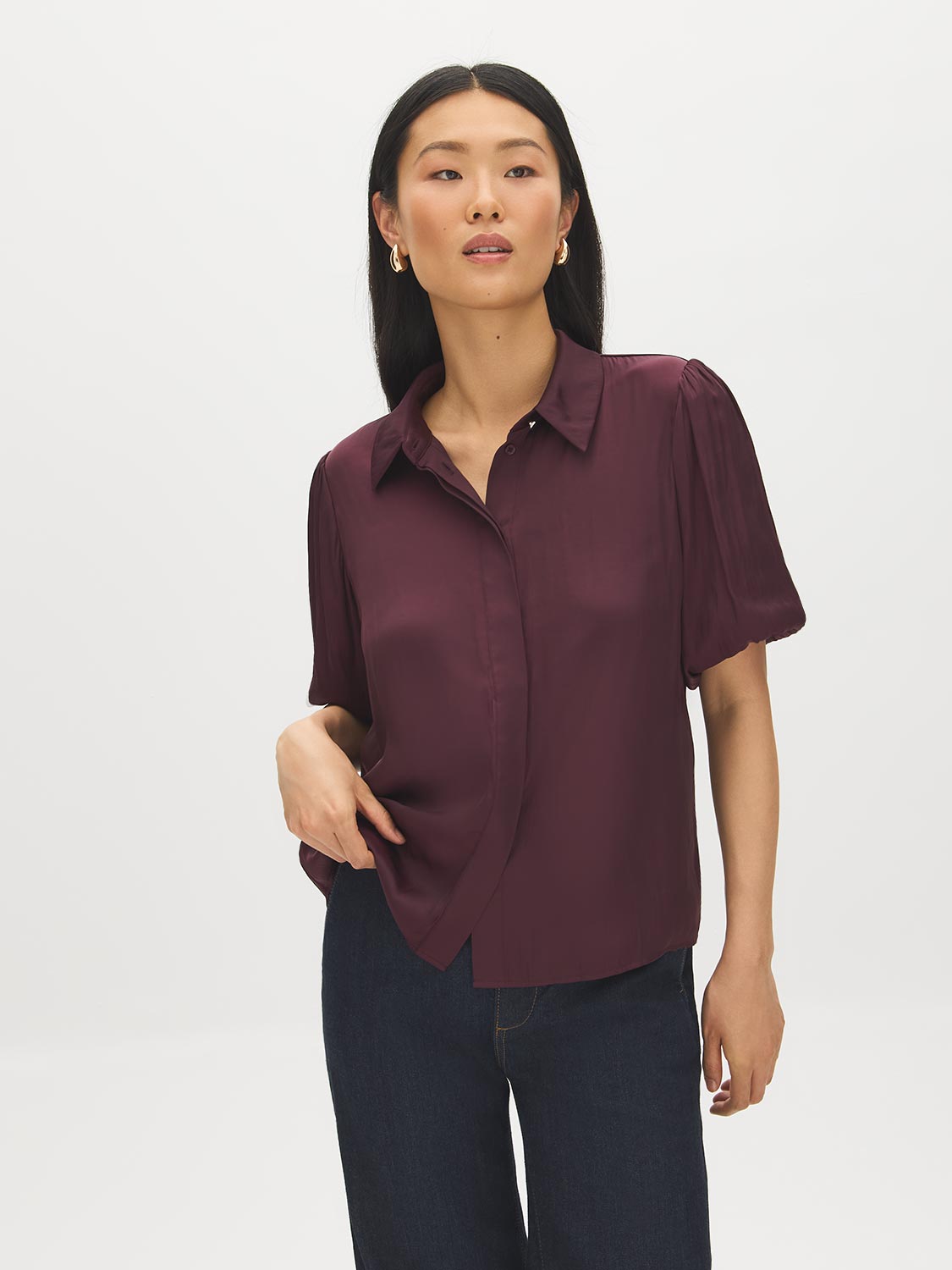 Winetasting Matte Satin Blouse with Bubble Sleeves - Side View - Suzy Shier
