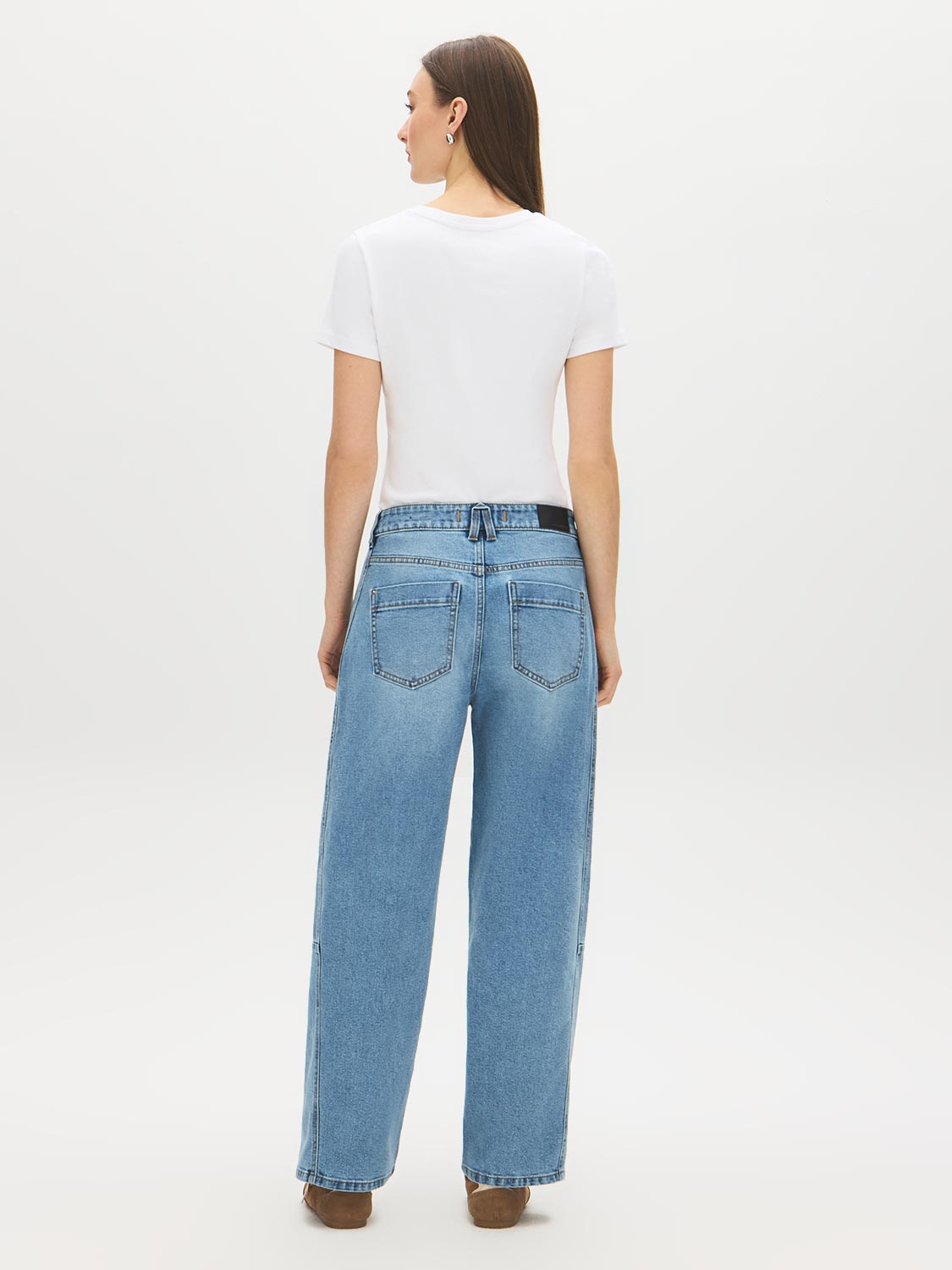 Medium Stone Wash Curved Wide-Leg Denim Pant - Back View - Suzy Shier