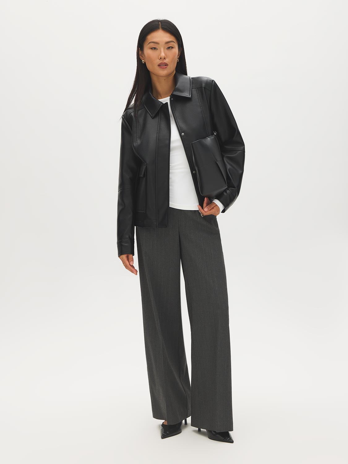 Black Oversized Faux Leather Utility Jacket - Front View - Suzy Shier