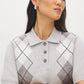Mix Grey Argyle Jacquard Polo Sweater - Close-up Fabric Detail - Suzy Shier