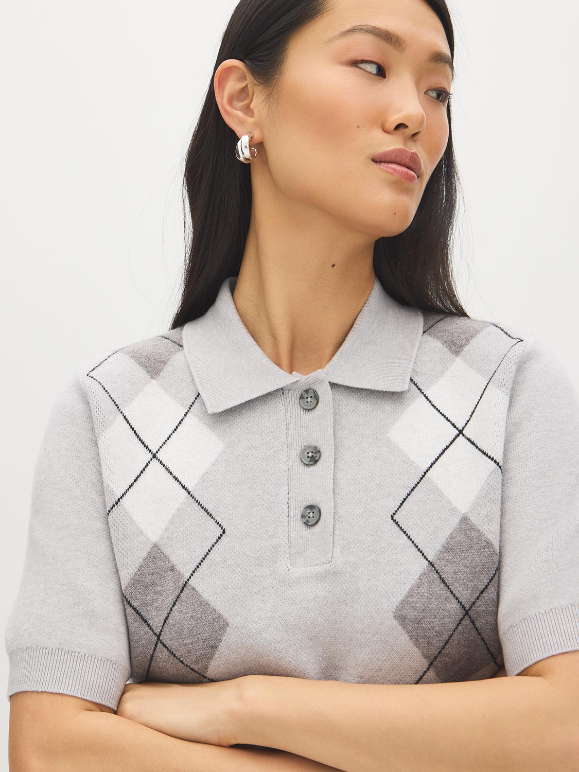 Mix Grey Argyle Jacquard Polo Sweater - Close-up Fabric Detail - Suzy Shier