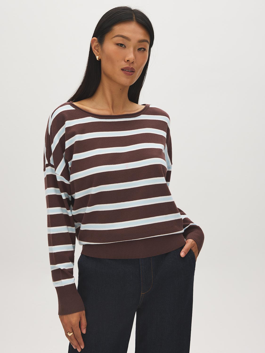 Striped Dolman Sleeve Knit Sweater - Woman Wearing Boat Neck Knit Top - Suzy Shier