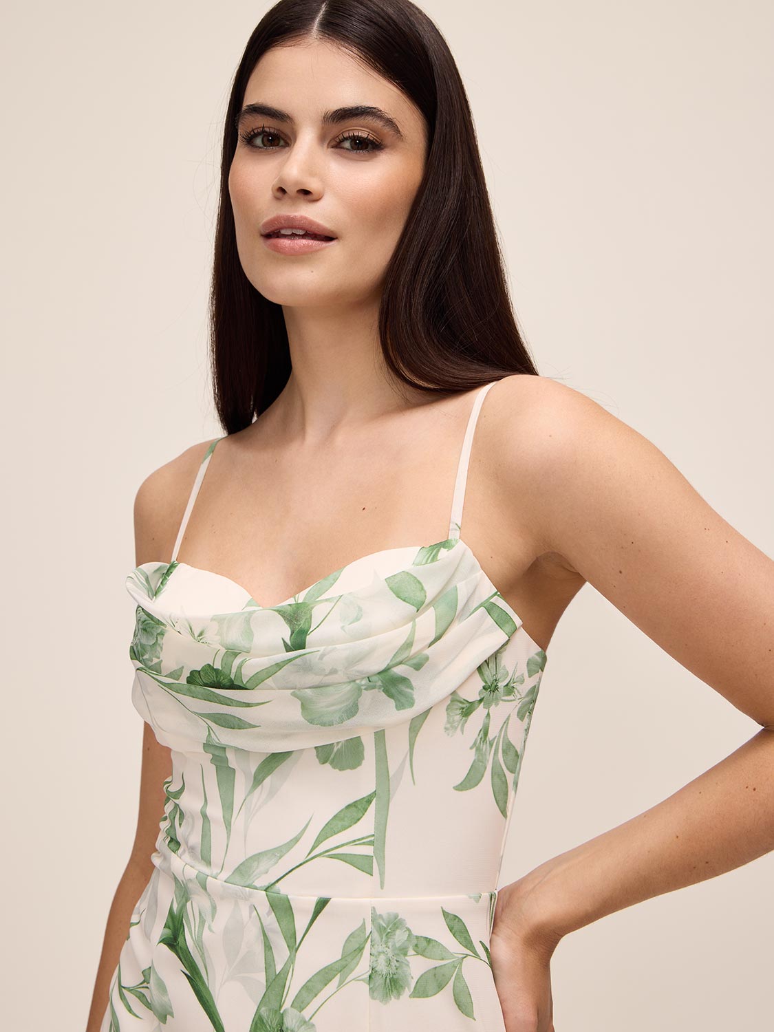 Pearl/Khaki Floral Chiffon Midi Dress - Woman Wearing Elegant Pleated Hem Dress - Le Chateau