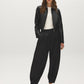 Black Crinkled Satin Balloon Pants - Styled with Jacket - Suzy Shier