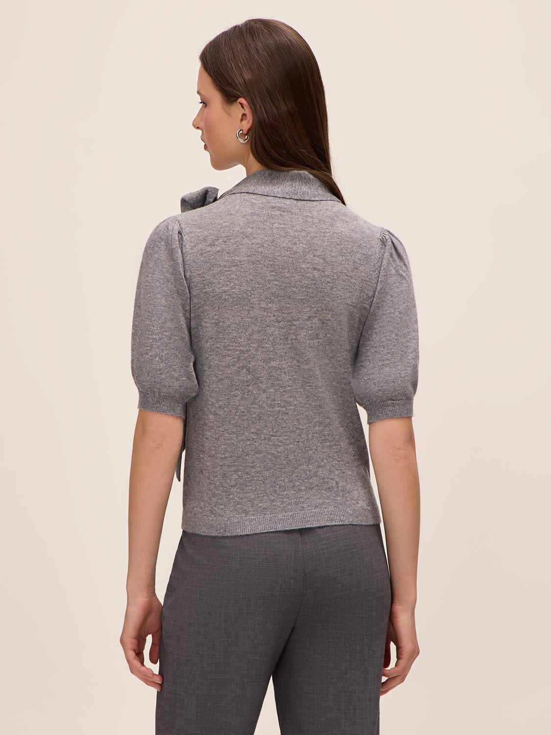Grey Mix Tie Neck Short Sleeve Knit Sweater - Back View - Le Chateau