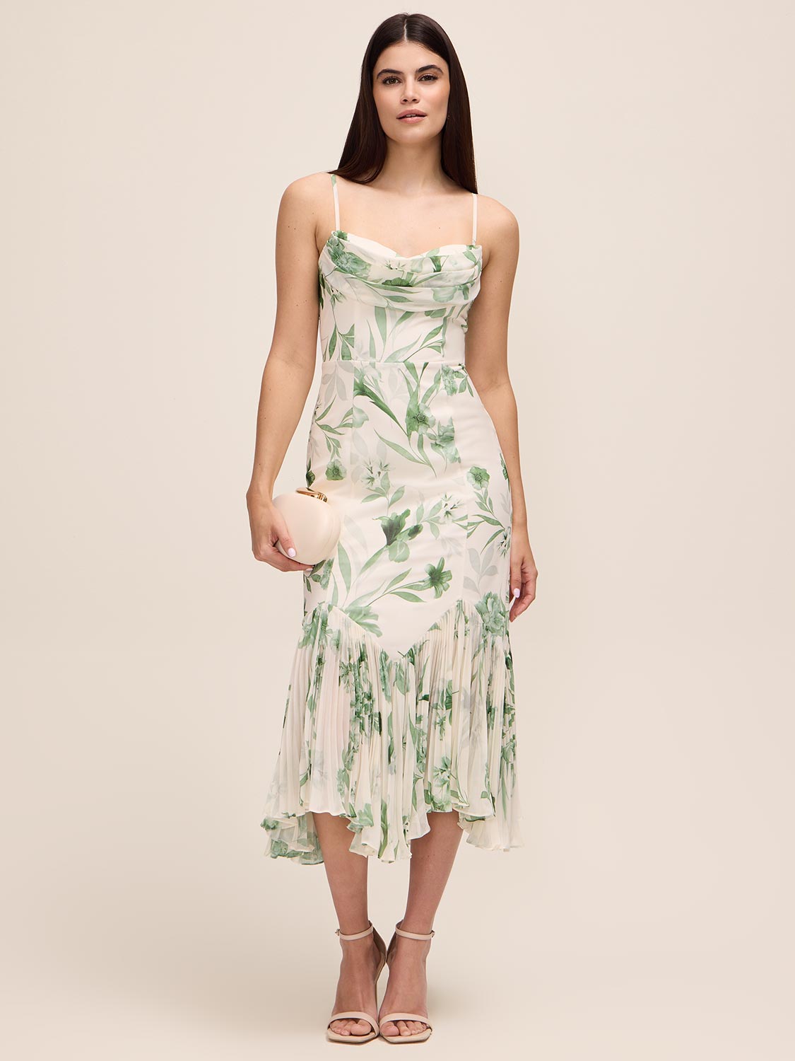 Pearl/Khaki Floral Chiffon Midi Dress - Woman Wearing Elegant Pleated Hem Dress - Le Chateau