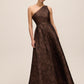 Mocha One-Shoulder Jacquard Floral Gown - Woman Wearing Flared Evening Dress with Side Pleating - Le Chateau
