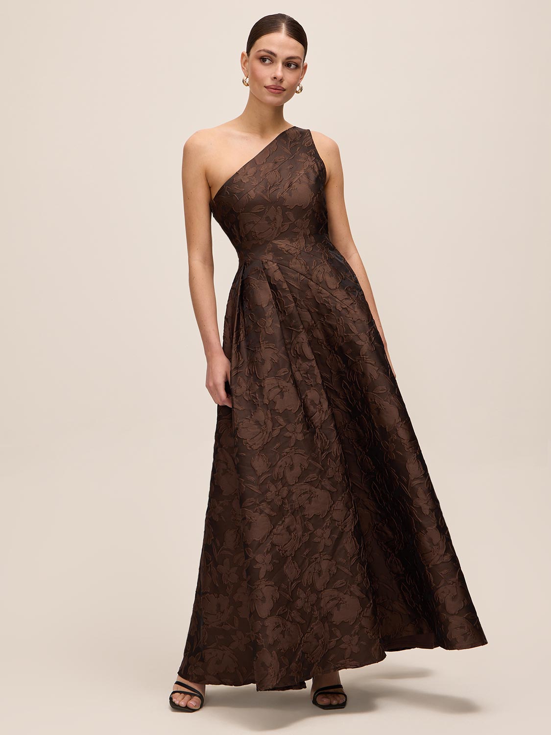 Mocha One-Shoulder Jacquard Floral Gown - Woman Wearing Flared Evening Dress with Side Pleating - Le Chateau