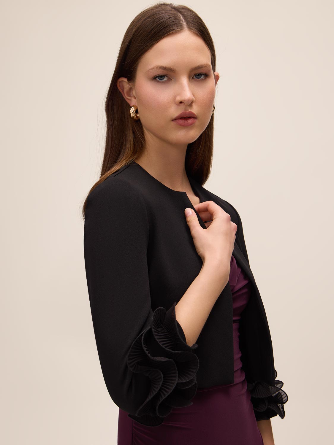 Black Knit Crepe Cover Up with Chiffon Cuff - Front View - Le Chateau
