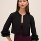 Black Knit Crepe Cover Up with Chiffon Cuff - Woman Wearing 3/4 Sleeve Layering Piece - Le Chateau