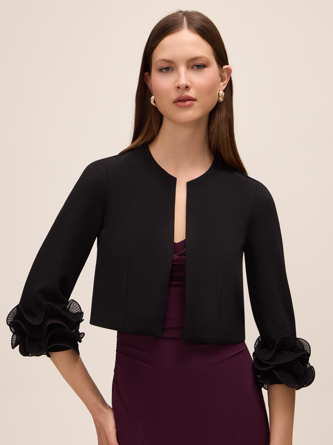 Black Knit Crepe Cover Up with Chiffon Cuff - Woman Wearing 3/4 Sleeve Layering Piece - Le Chateau