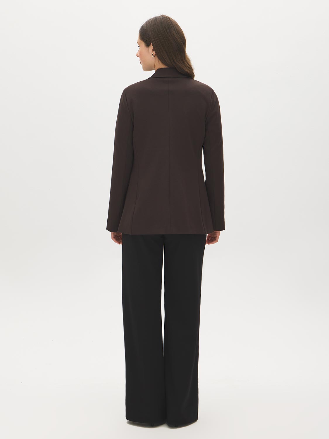Dk Brown Open-Front Blazer with Stripe Cuff Detail - Woman Wearing Tailored Knit Blazer - Suzy Shier