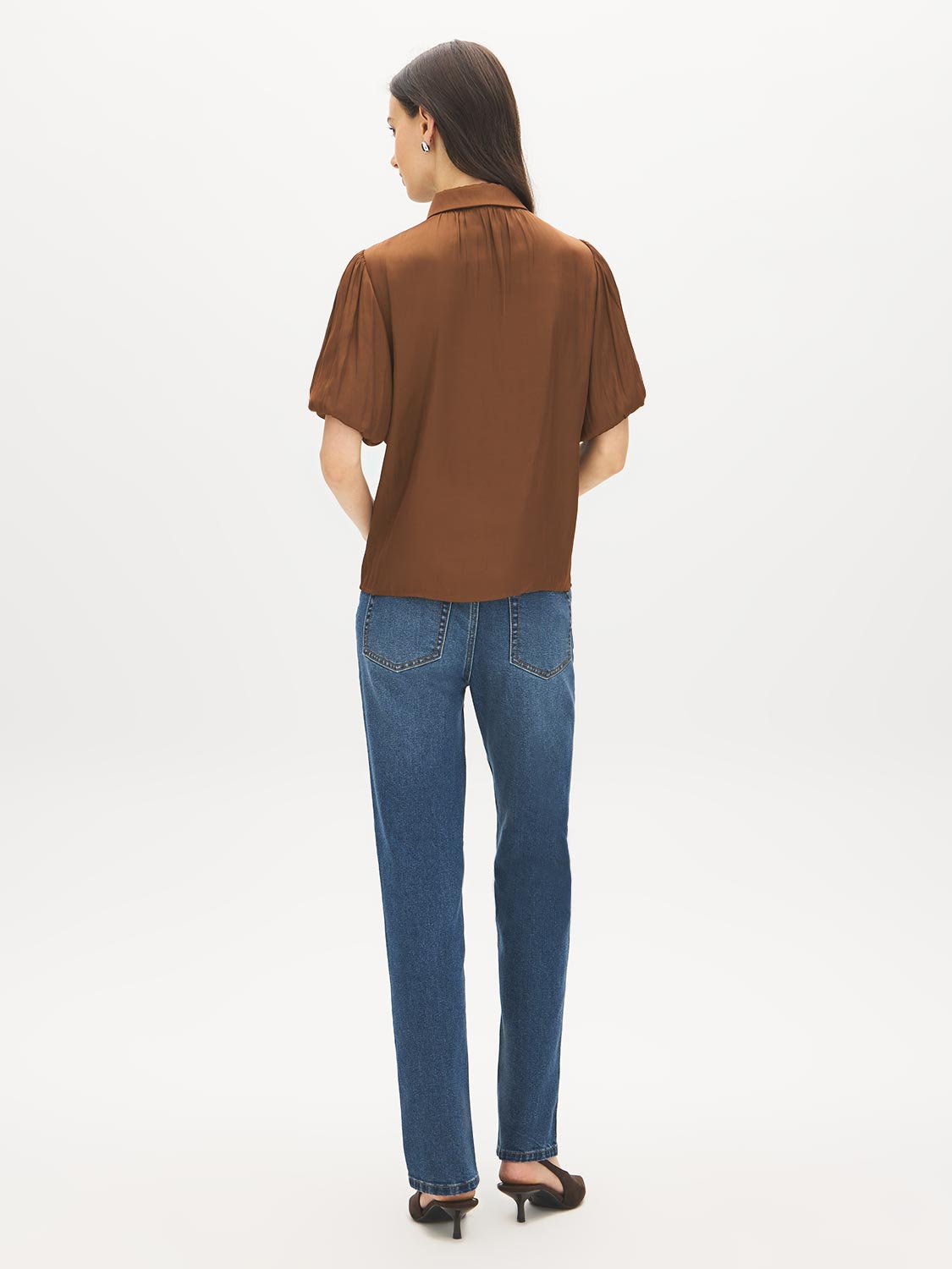 Bison Matte Satin Blouse with Bubble Sleeves - Back View - Suzy Shier