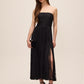 Black Strapless Lace Midi Dress with Pleated Skirt - Full Length View - Le Chateau
