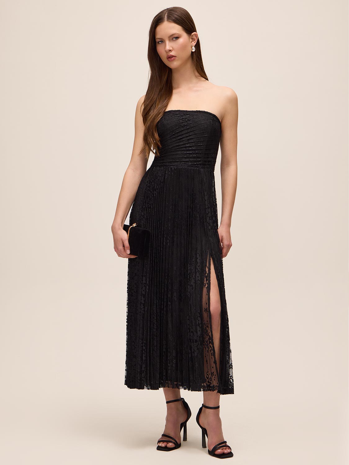 Black Strapless Lace Midi Dress with Pleated Skirt - Full Length View - Le Chateau
