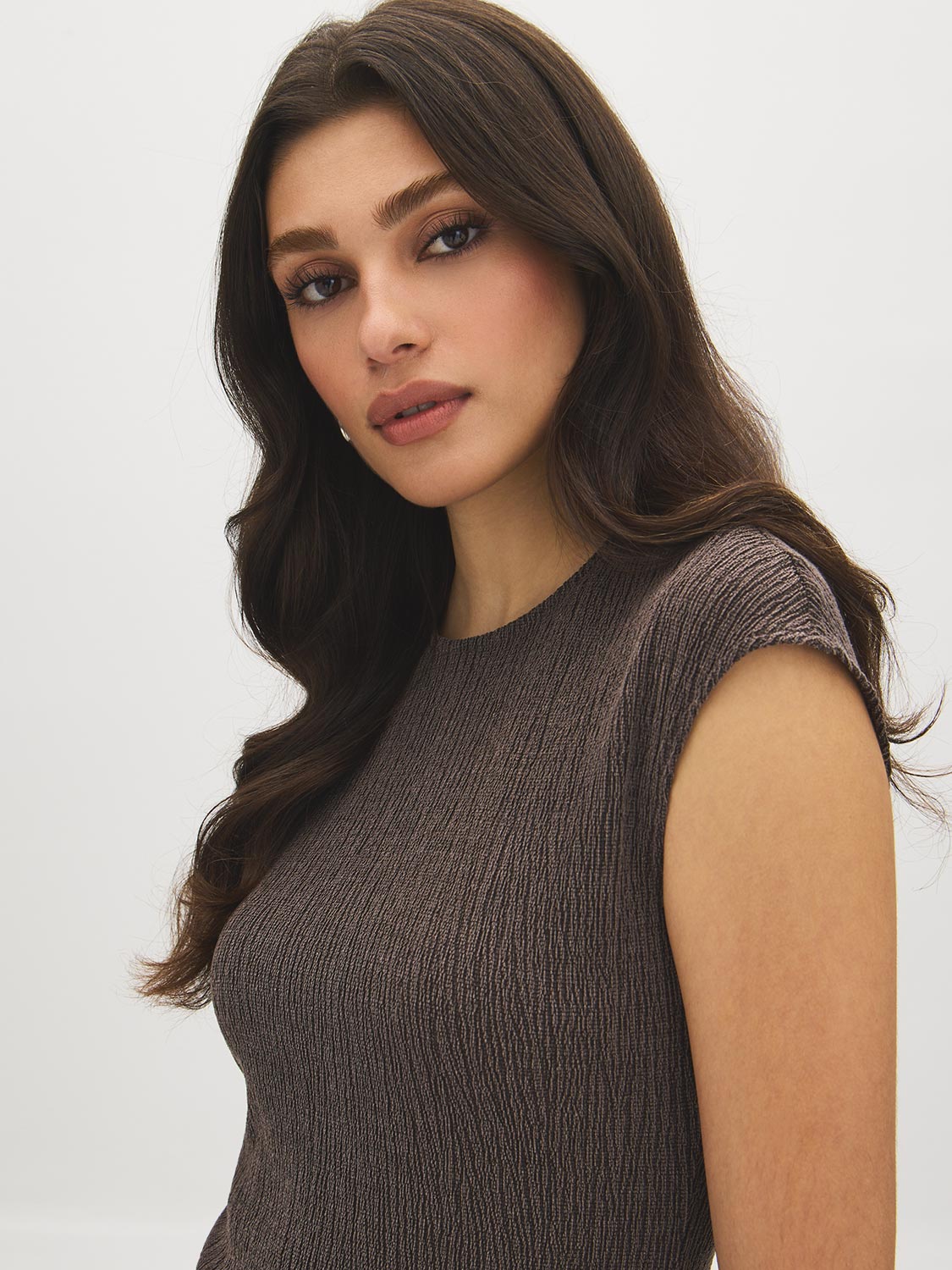 Charcoal Textured Asymmetrical Dolman Sleeve Top - Side Profile View - Suzy Shier