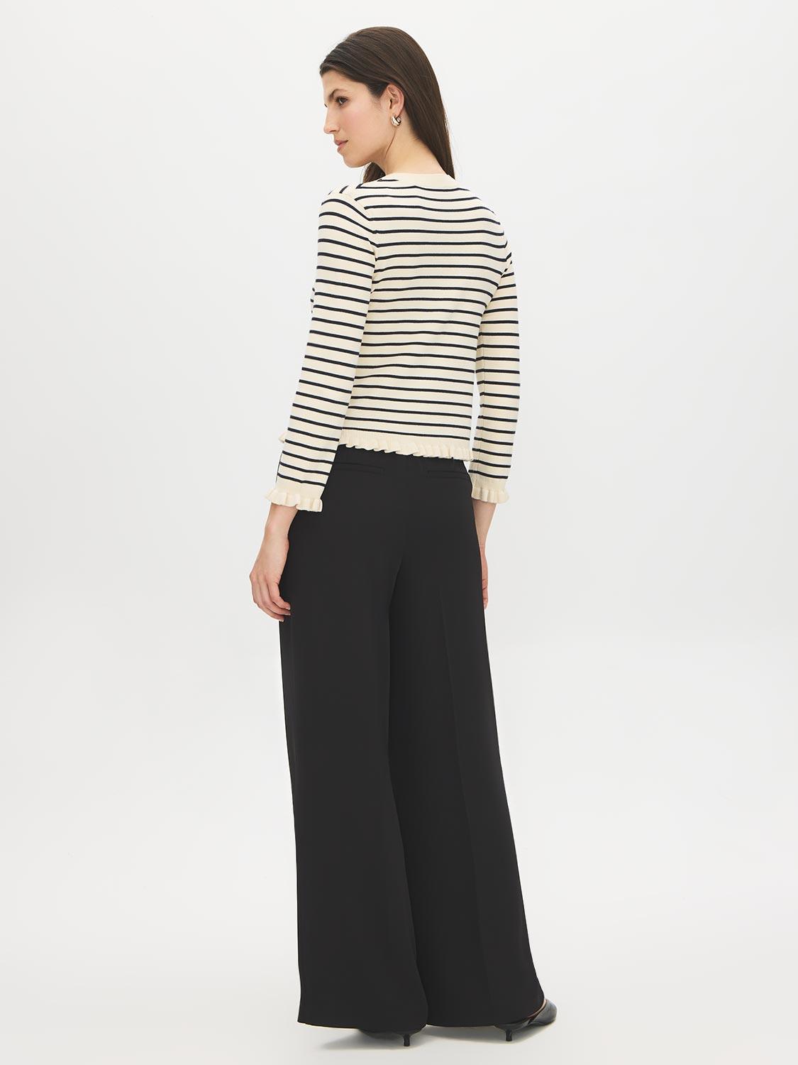 Beige/Navy Ruffle Detail Knit Cardigan - Back View - Suzy Shier