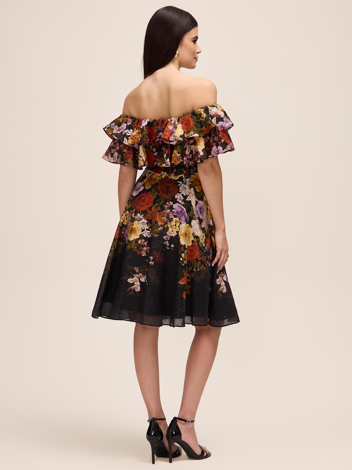 Black and Rust Floral Off-Shoulder Fit and Flare Dress - Back View - Le Chateau
