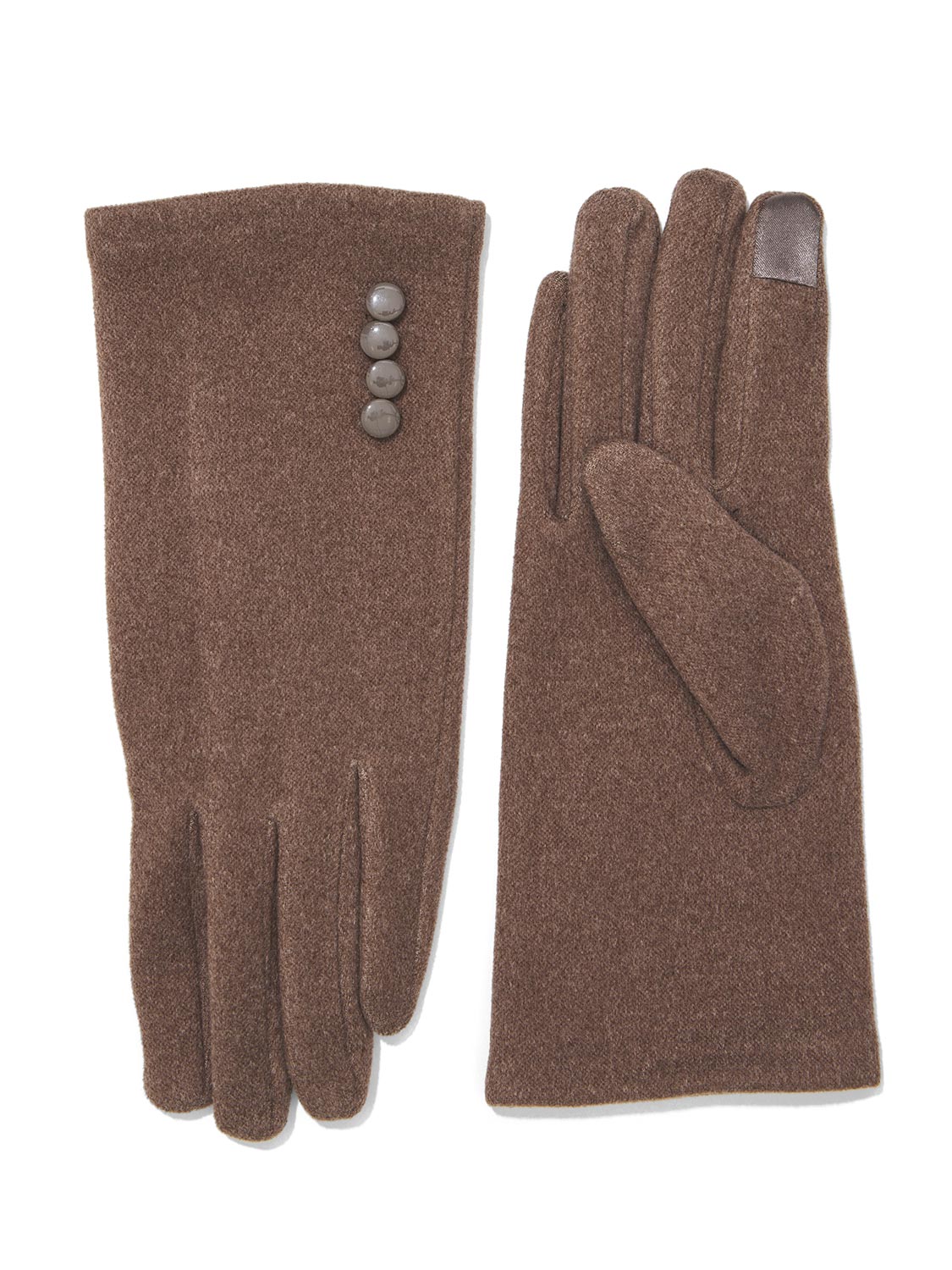 Light Brown iTouch Knit Gloves with Button Detail - Front and Back View - Suzy Shier