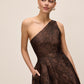 Mocha One-Shoulder Jacquard Floral Gown - Side Profile View - Le Chateau