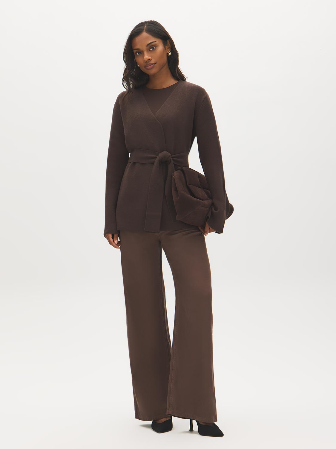 Z. Brown Open-Front Bell Sleeve Cardigan - Front View - Suzy Shier